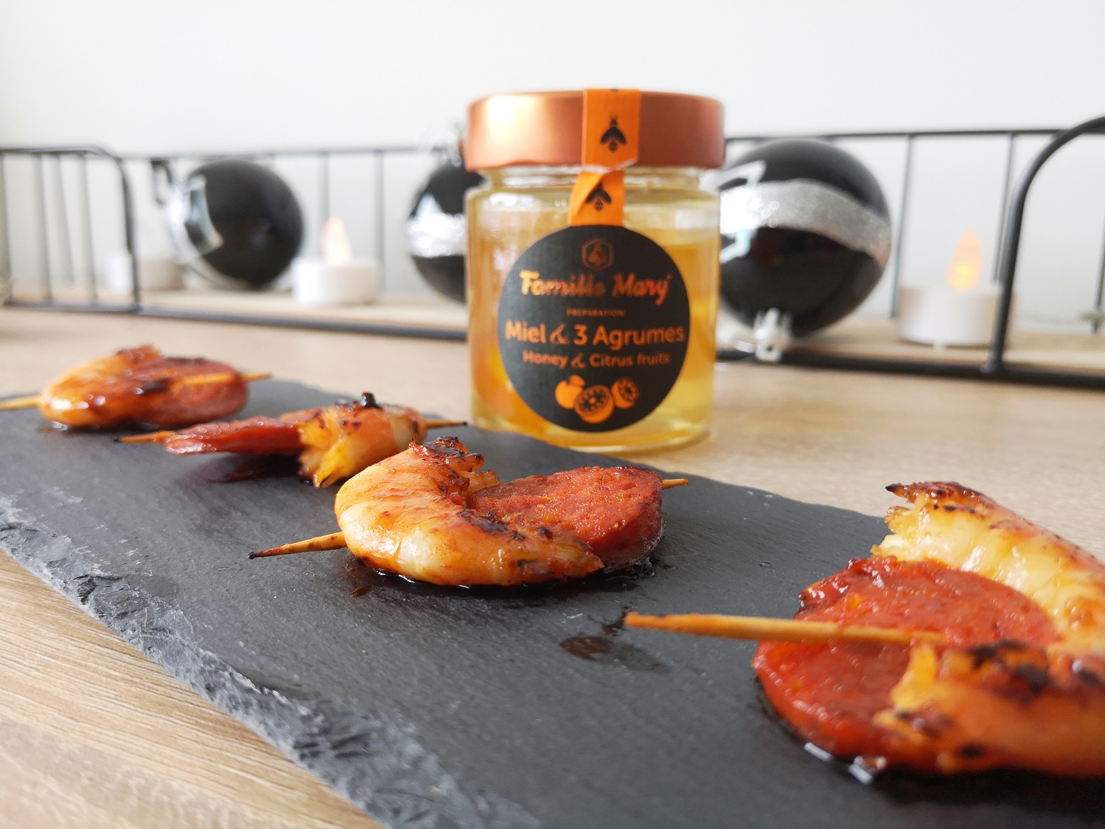 Brochettes de gambas au chorizo et au Miel & 3 agrumes
