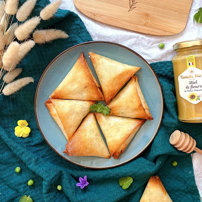 Samossas feta miel petit pois menthe