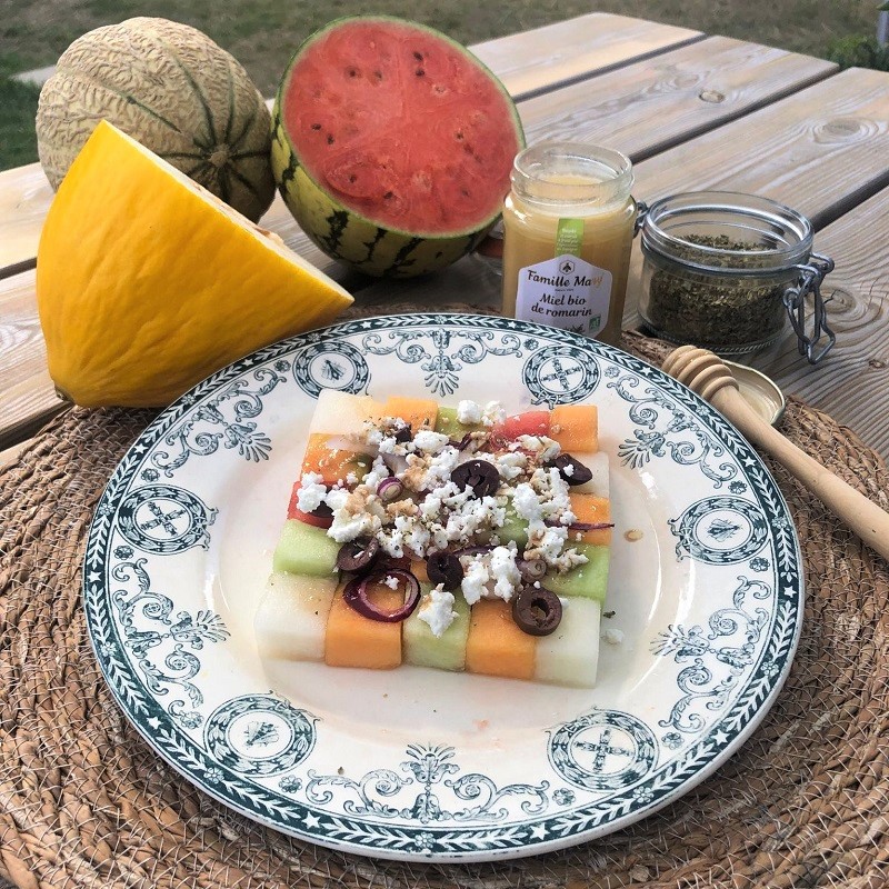 Salade mosaïque de melons et pastèque à la vinaigrette balsamique au miel